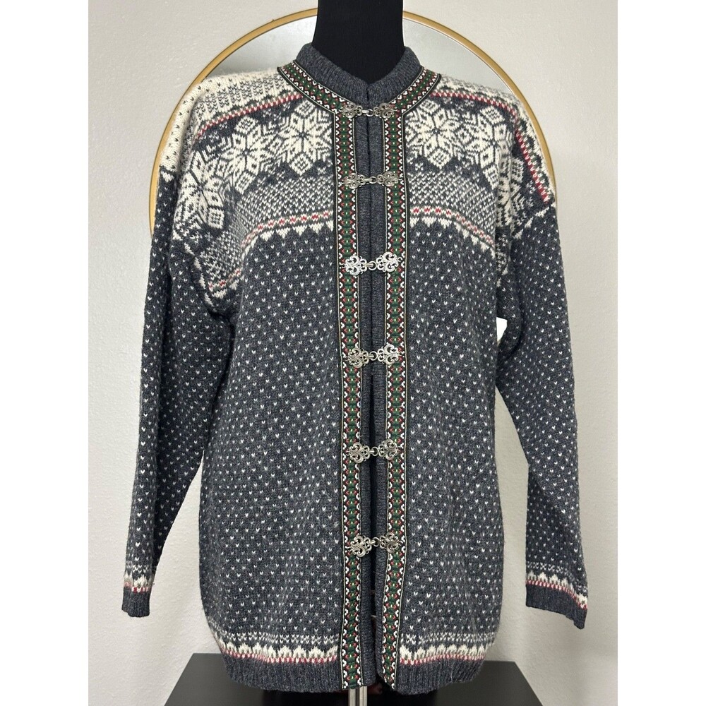 Vintage Squaw Valley Wool Nordic Cardigan Sweater Medium Gray Clasp Fair Isle
